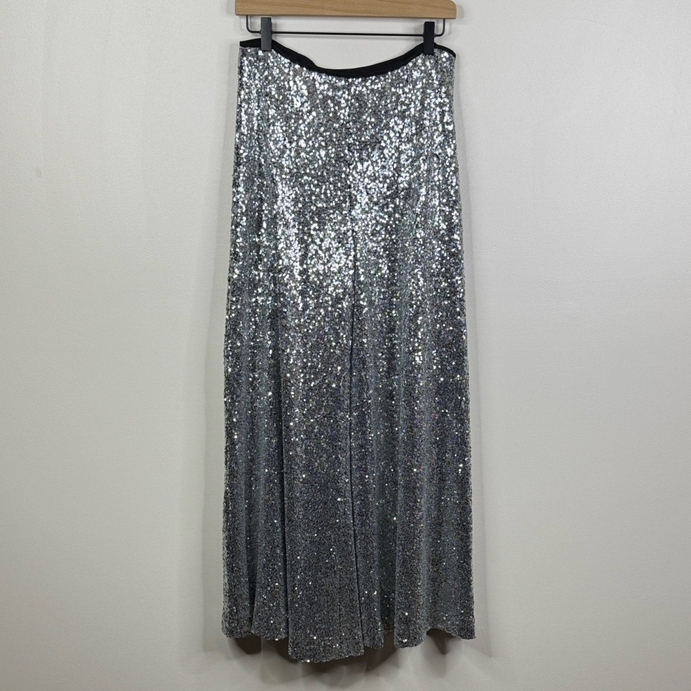 Alex Marie Natalie Silver Sequin Wide Leg Pants NWT Size 12 High Rise Party